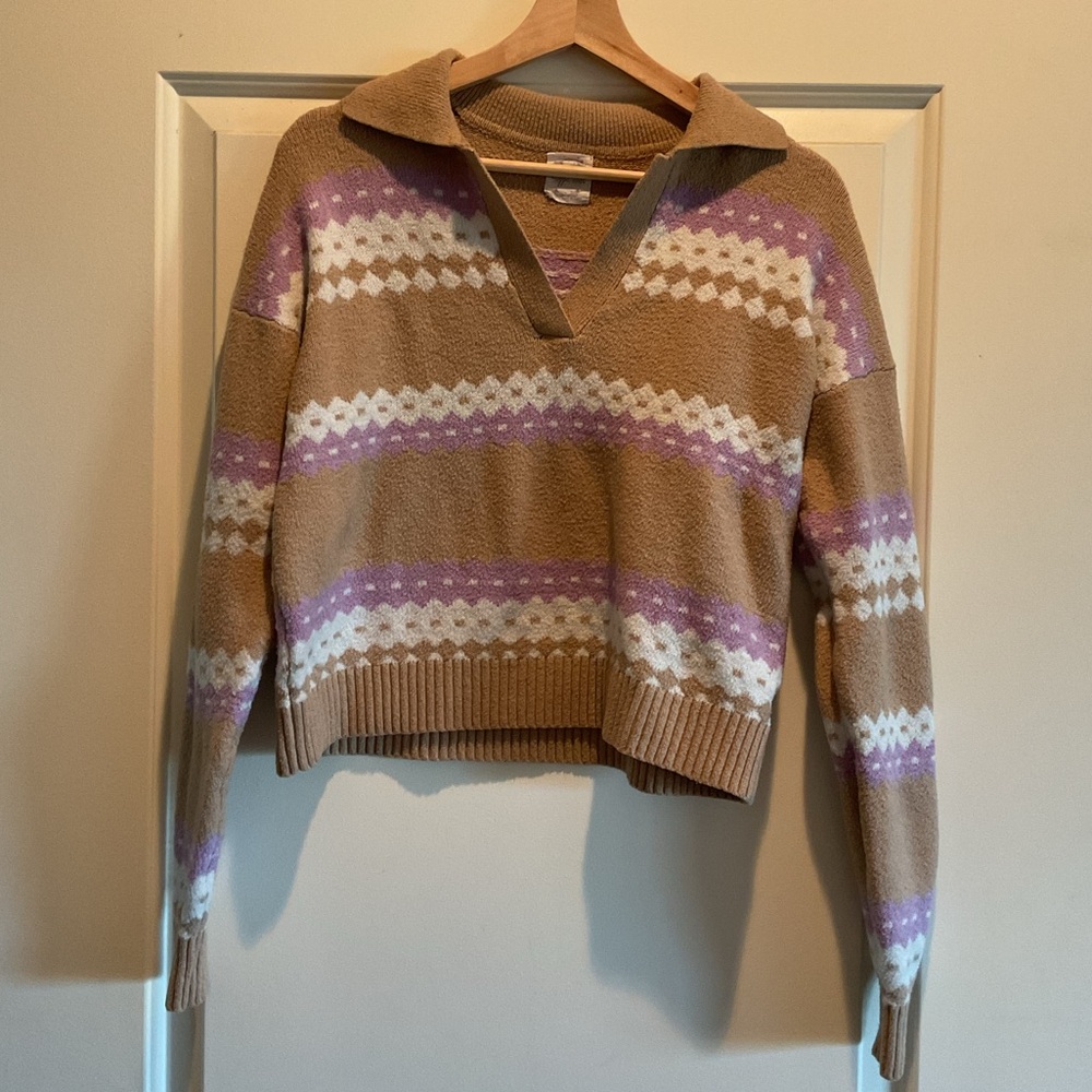 Hippie Rose Tan and Purple V-Neck Sweater